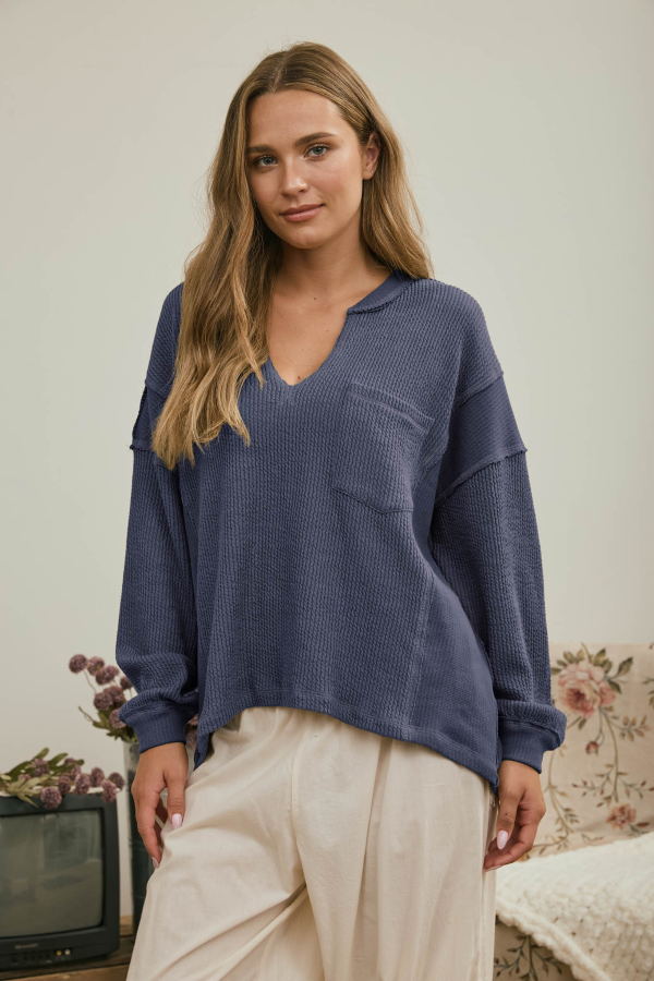 JR LONG SLEEVE Top - RAW EDGE RIB - Blue