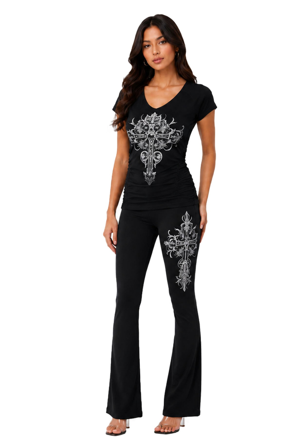 JR CROSS Top - PRINT V NECK