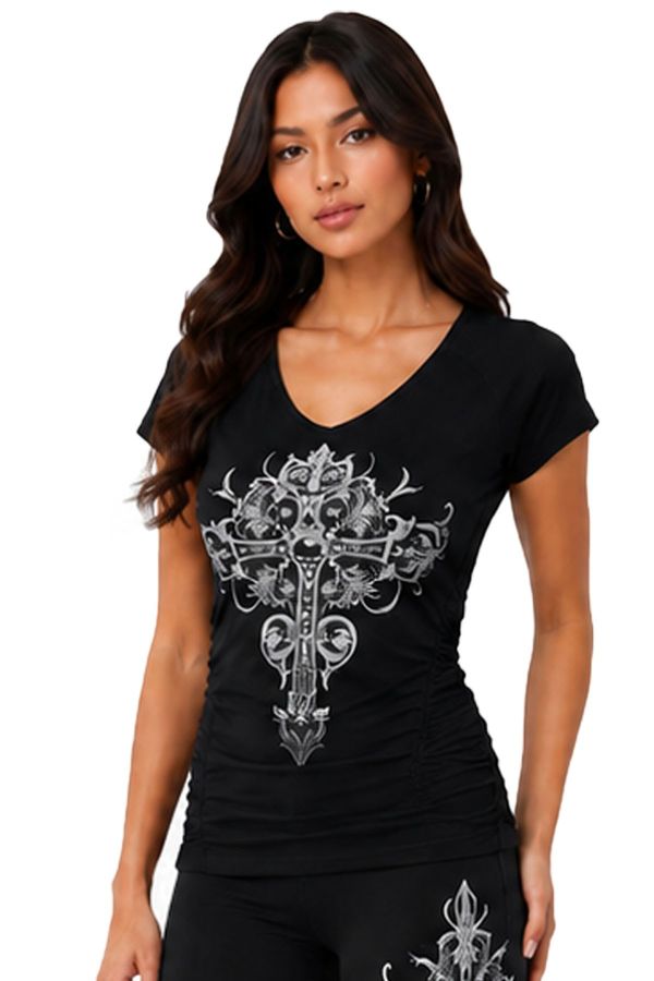JR CROSS Top - PRINT V NECK