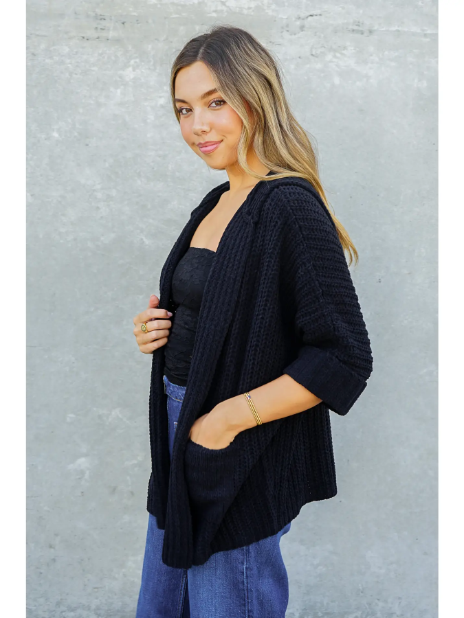 CARDIGAN - CHUNKY KNIT HOODED - Black