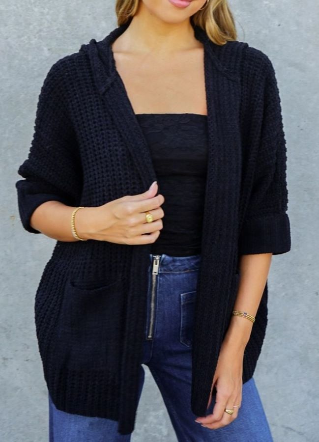 CARDIGAN - CHUNKY KNIT HOODED - Black
