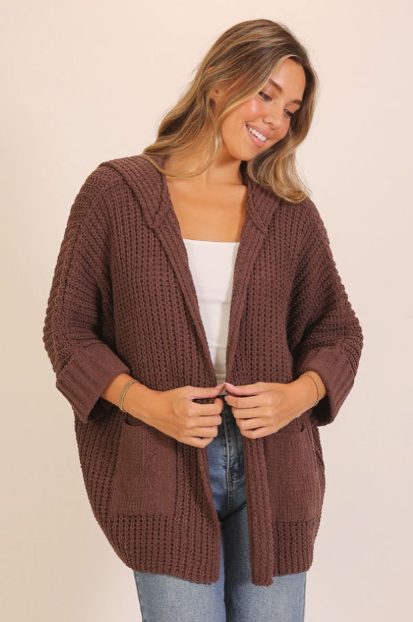 CARDIGAN - CHUNKY KNIT HOODED - Chocolate