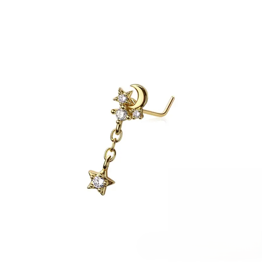 NOSE - L SHAPE MOON STAR DANGLE  - Gold
