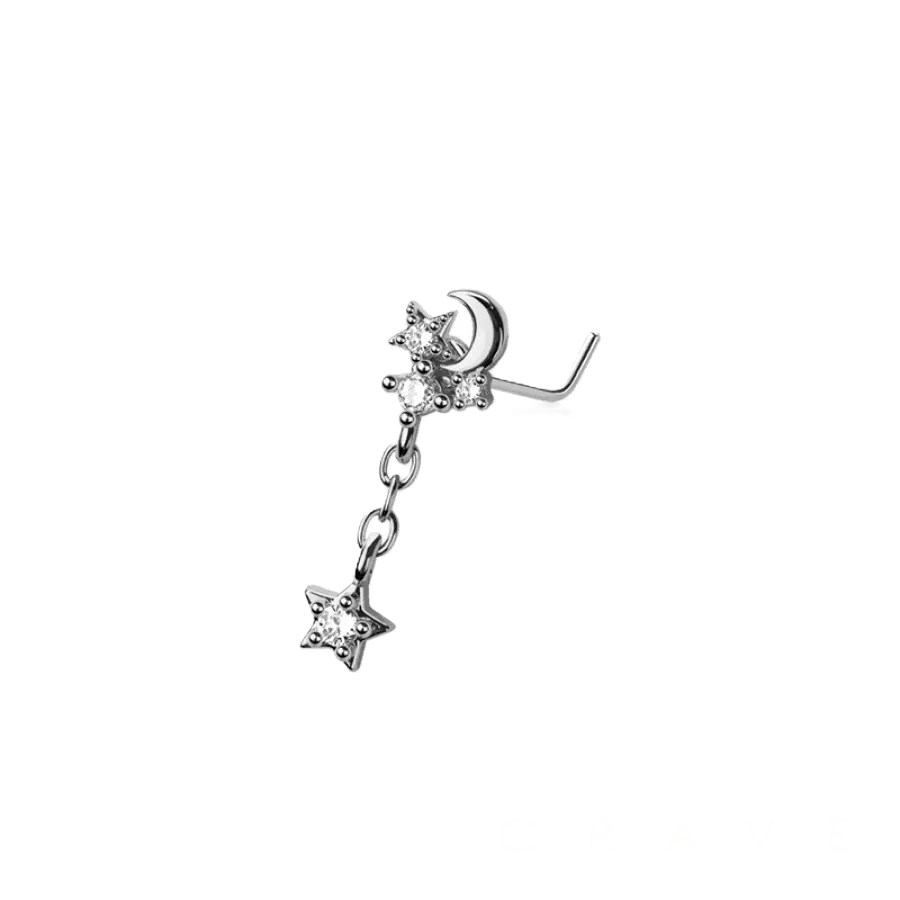 NOSE - L SHAPE MOON STAR DANGLE - Silver
