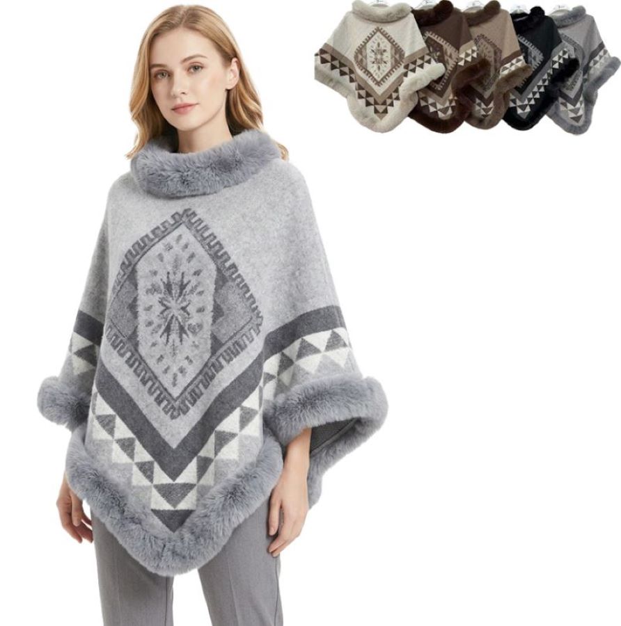 PONCHO SHAWL - FAUX FUR Along Edge - Aztec Print