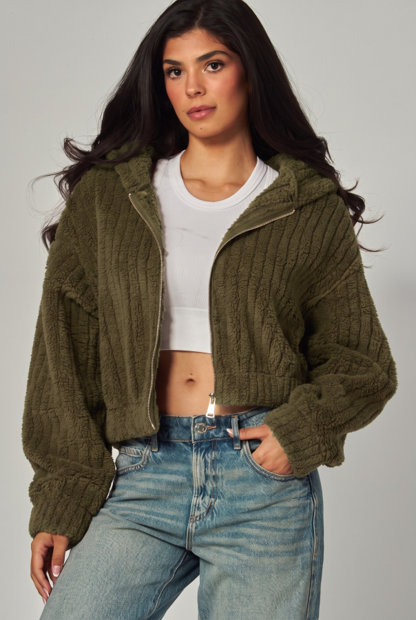 JR HOODY - ZIP UP PLUSH - Olive