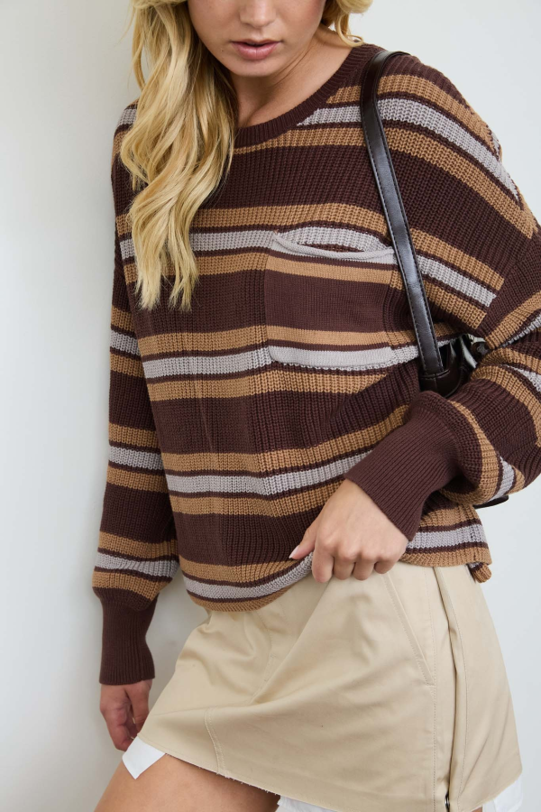 JR SWEATER - STRIPED RAW EDGE - Brown Multi