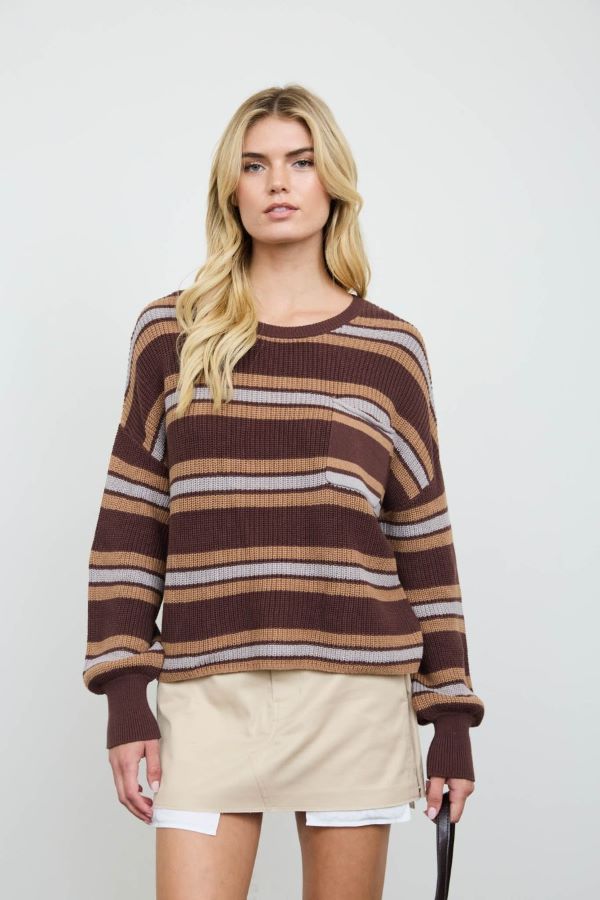 JR SWEATER - STRIPED RAW EDGE - Brown Multi
