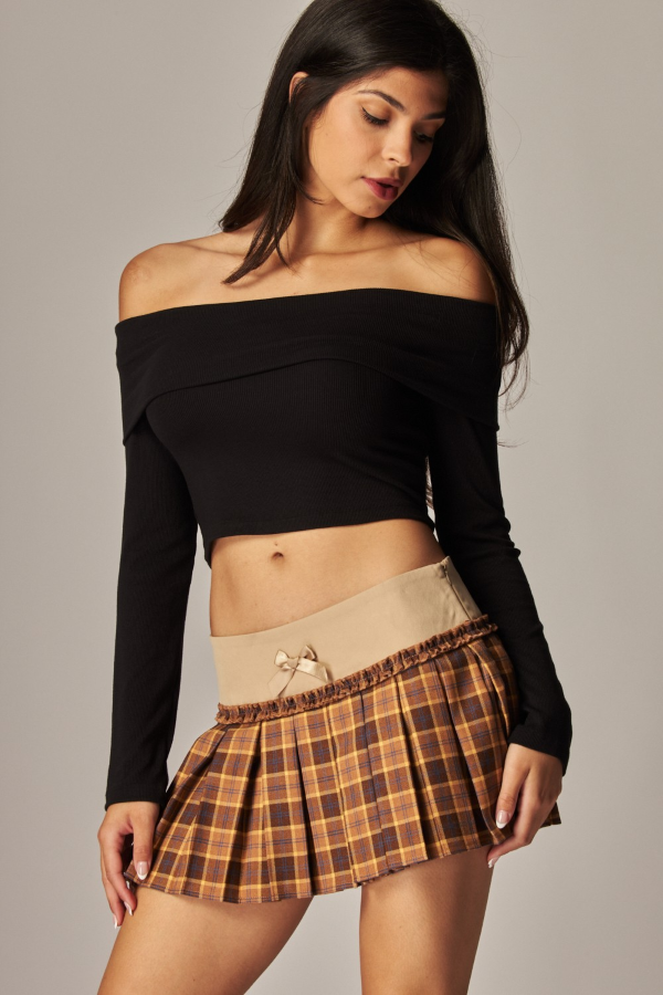 SKIRT - MINI PLAID PLEATED Skort - Brown