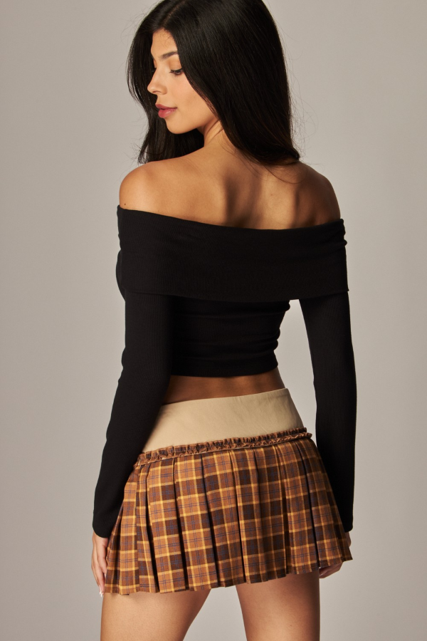 SKIRT - MINI PLAID PLEATED Skort - Brown