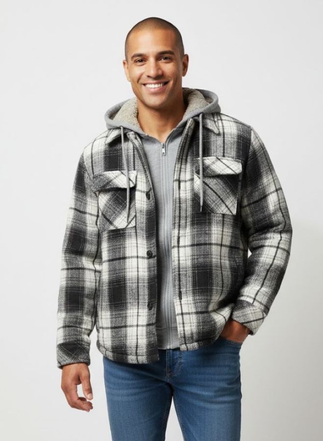 Men's FLANNEL SHERPA Jacket - BLACK WHITE - Dark Grey Hood