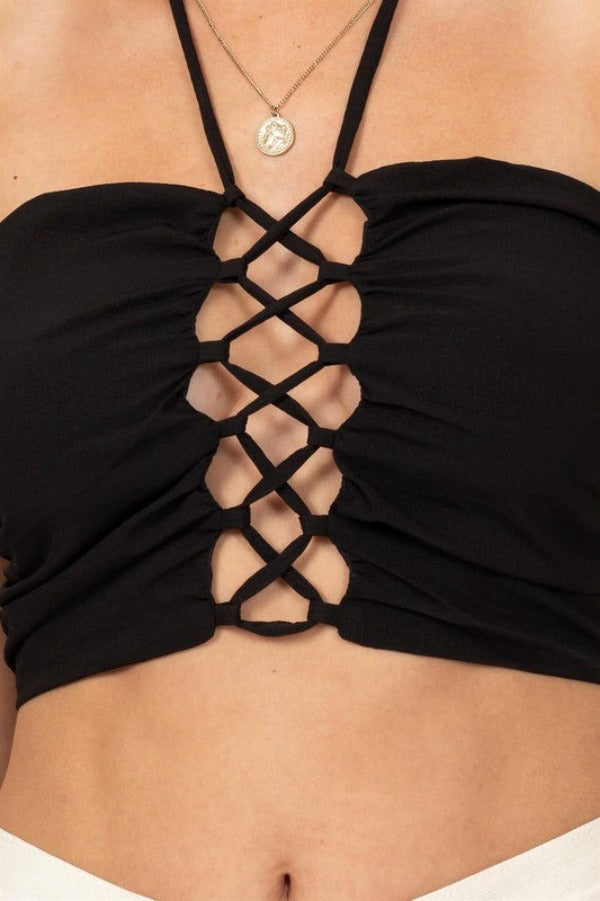 THINK IT THROUGH LACE-UP HALTER CROP TOP - Black-hotRAGS.com