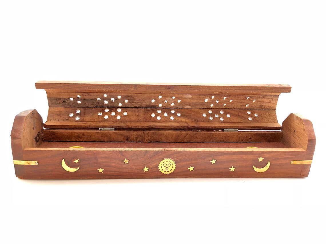 Incense Burner Box- Celestial Wooden - Sun, Moon And Stars Brass Inlay-hotRAGS.com
