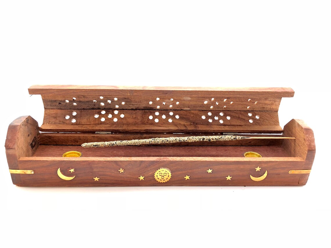 Celestial Wooden Incense Burner - Sun, Moon And Stars Brass Inlay-hotRAGS.com