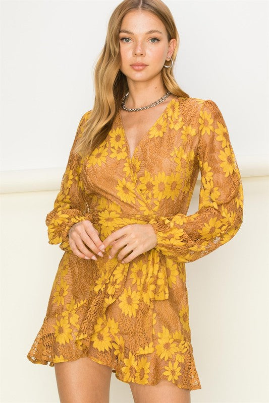 Dress - Long Sleeve Floral Orange With Sunflowers - Trending!-hotRAGS.com