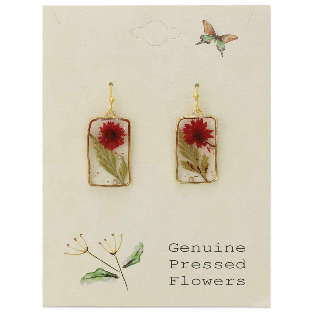 Cottage Red Dried Flower Rectangle Earrings-hotRAGS.com