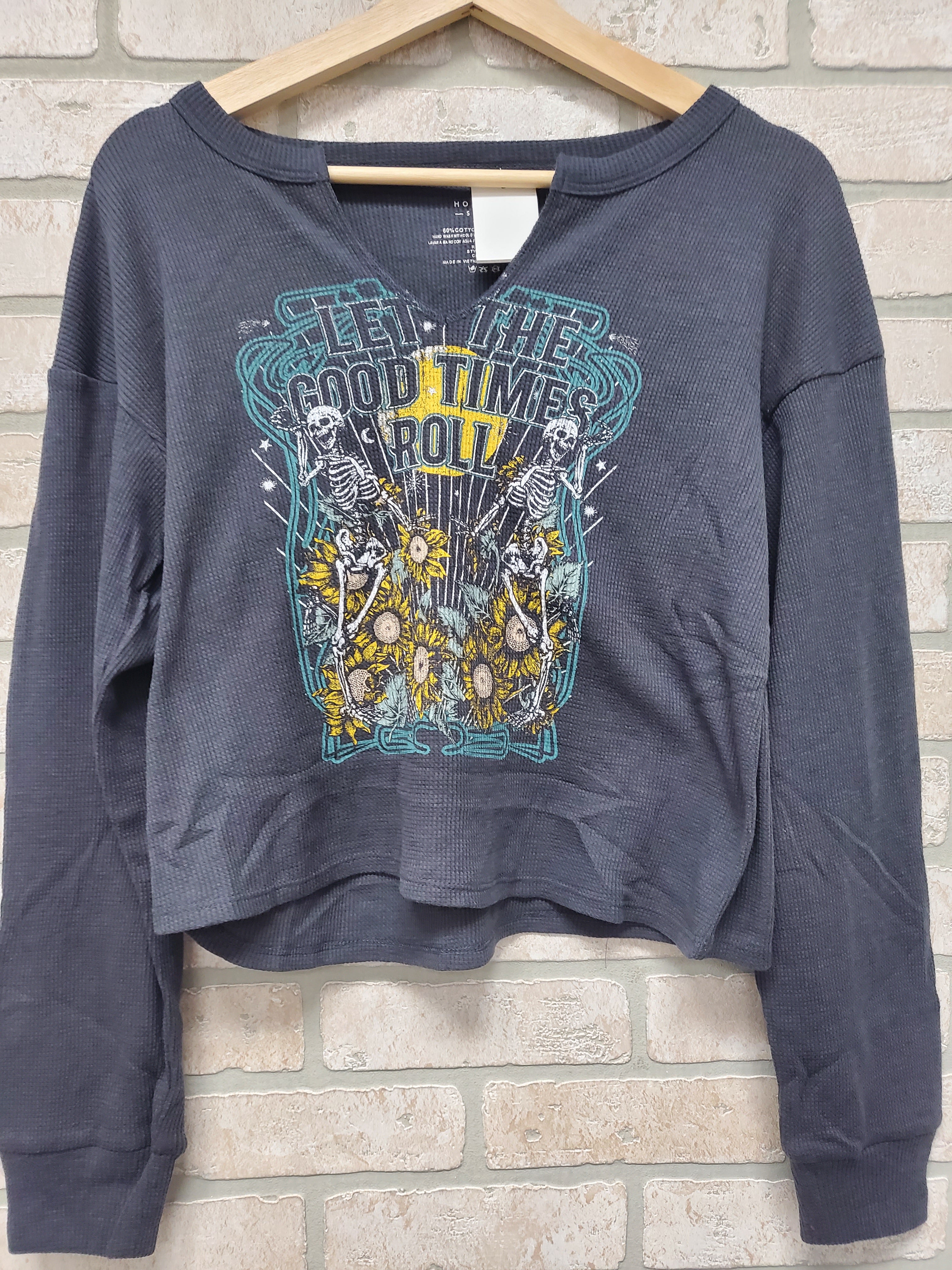 Jr Long Sleeve Crop "let The Good Times Roll" Skeletons And Sunflowers - Charcoal-hotRAGS.com