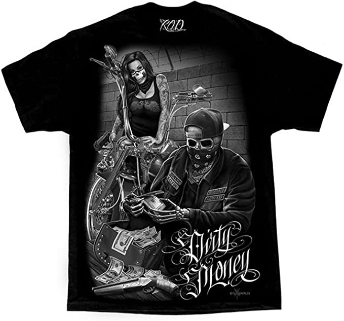 DGA David Gonzales Art Ride or Die Bonnie & Clyde Dirty Money Tattoo Mens T-Shirt-hotRAGS.com