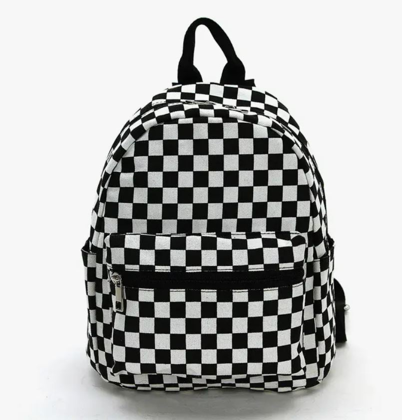 Black and White Checkered Canvas Mini Backpack-hotRAGS.com