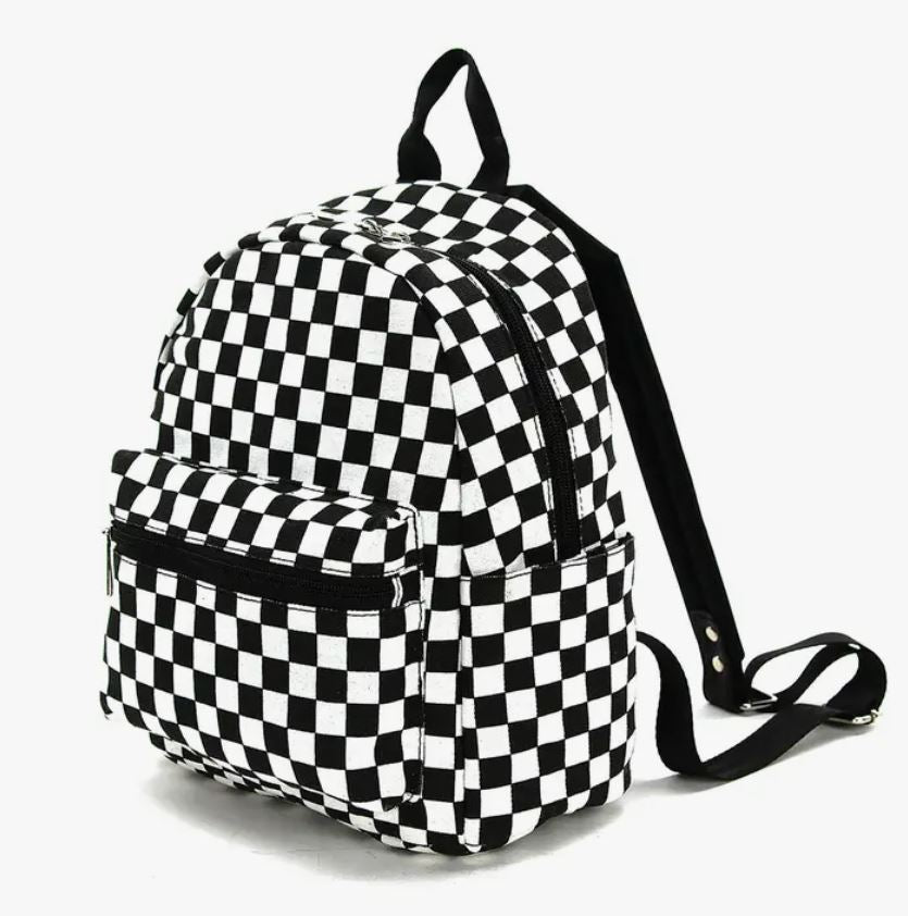 Black and White Checkered Canvas Mini Backpack-hotRAGS.com