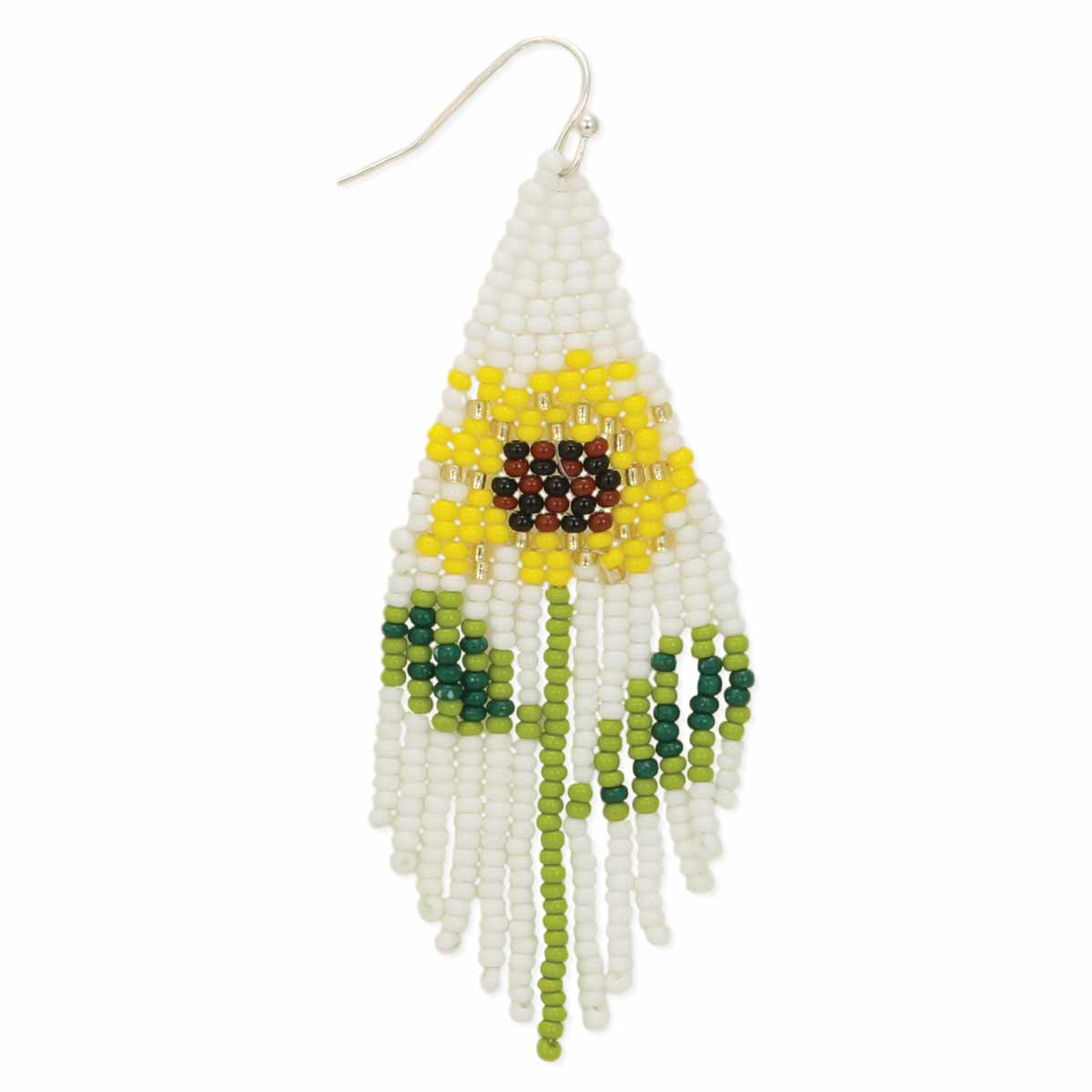 Sunflower Bead White Fringe Earrings-hotRAGS.com