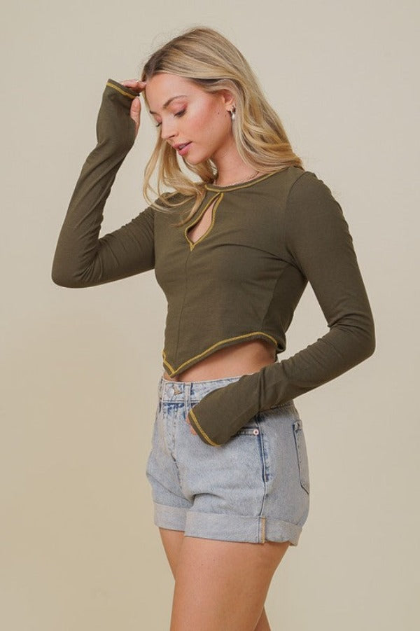 HANKY HEM CUTOUT LONG SLEEVE WITH THUMB HOLE AND CONTRAST THREAd Jr Top Crop Long Sleeve-hotRAGS.com