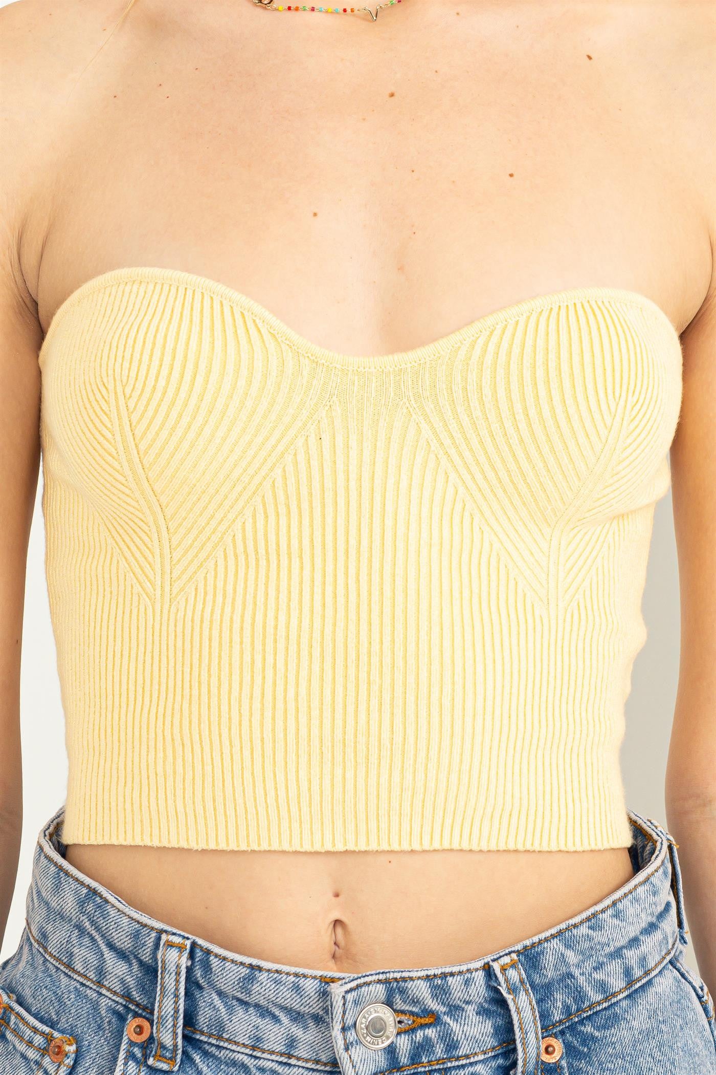 Strapless Ribbed Jr Crop Top - Yellow-hotRAGS.com