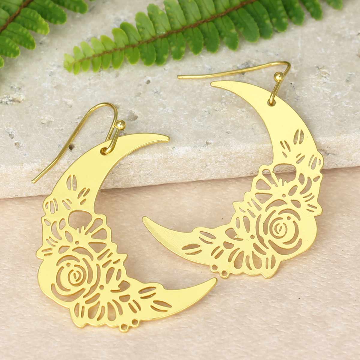 Lunar Flowers Gold Crescent Earrings-hotRAGS.com